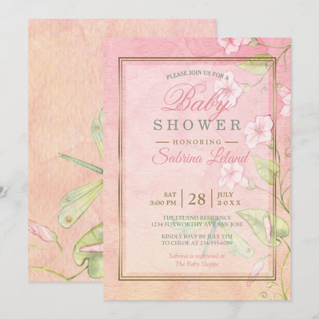 Convite Chá de fraldas Glorioso da Manhã de Aquarela Rosa (Frente/Verso)