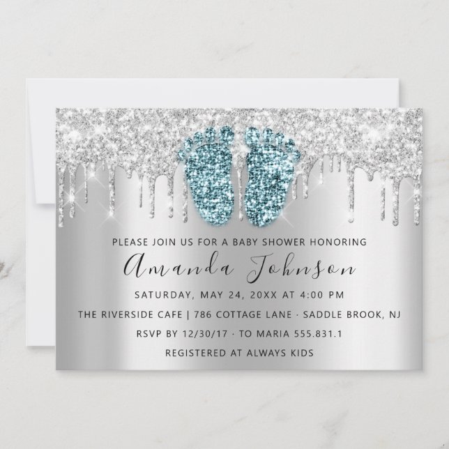 Convite Chá de fraldas Gota Cinza De Pés Brilhantes Garota (Frente)