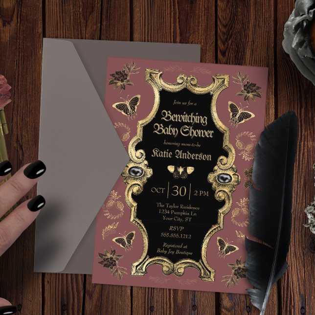 Convite Chá de fraldas Gótico Elegante Escuro Vitoriano (Criador carregado)