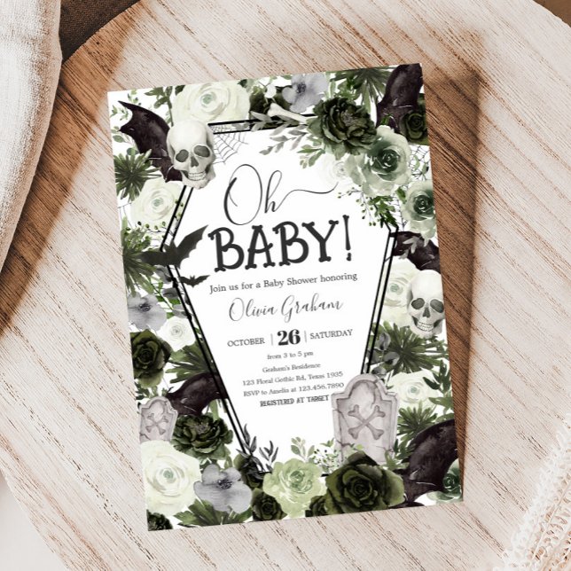 Convite Chá de fraldas Gótico Floral (Floral Gothic Coffin Baby Shower Invitation
)