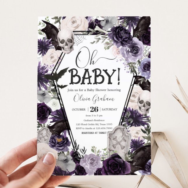 Convite Chá de fraldas Gótico Floral Roxo (Floral Gothic Coffin Baby Shower Invitation)