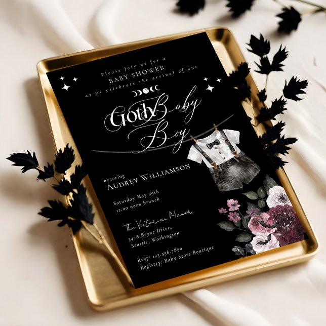 Convite Chá de fraldas Gótico Preto-Negro do Halloween (Gothic Halloween Black Formal Goth Boy Baby Shower Invitation (Front))