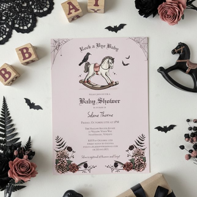 Convite Chá de fraldas Gótico-Rosa-Rocking Horse Rock a By (Gothic Baby Shower Invitations. Elegant Pink Floral Spooky Rocking Horse Illustration for Halloween )