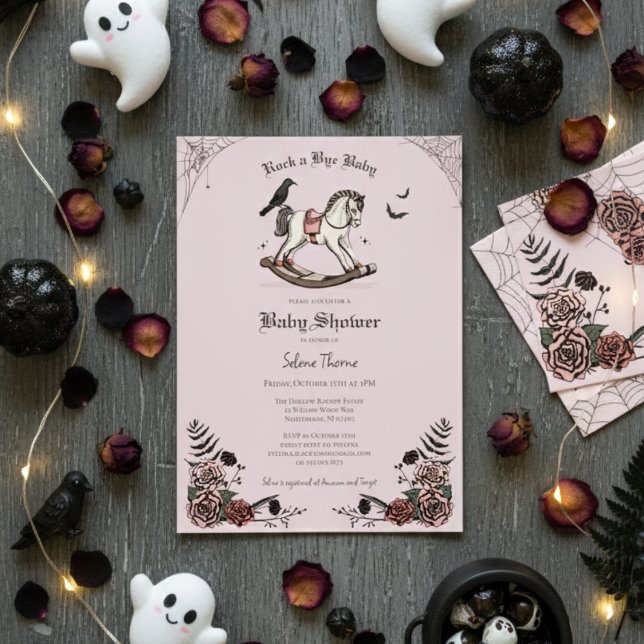 Convite Chá de fraldas Gótico-Rosa-Rocking Horse Rock a By (Cute Gothic Halloween Baby Shower Invitation. Rocking Horse & Roses Vintage Rock a Bye Baby Shower)
