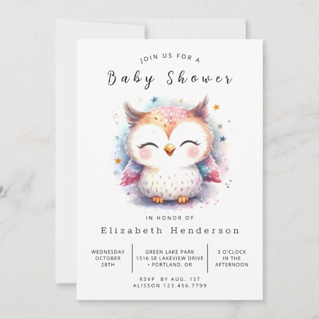 Convite Chá de fraldas Graceful Digital Owl (Frente)