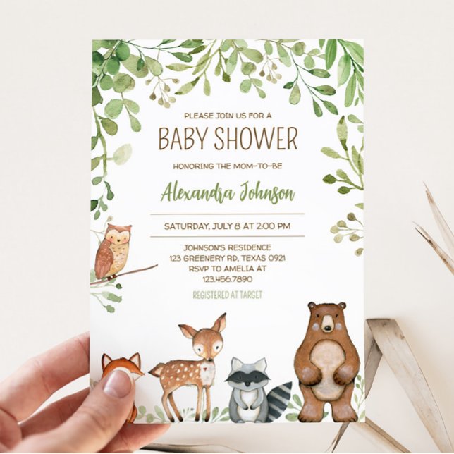 Convite Chá de fraldas Greenery Woodland (Forest Animals Baby Shower Invitation)