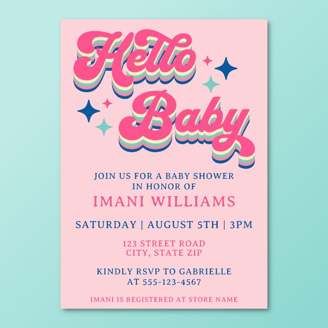 Convite Chá de fraldas Groovy Retro Typografia Rosa (Retro groovy pink baby shower invitation on a turquoise background.)