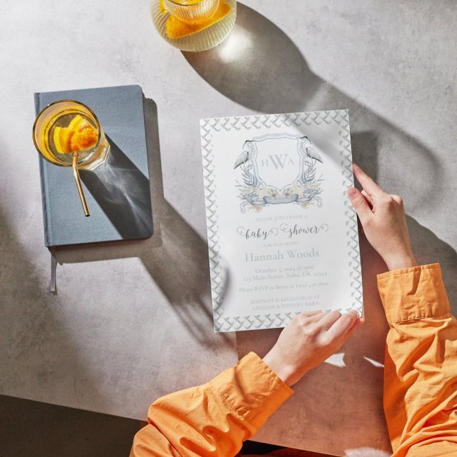 Convite Chá de fraldas Heron Monograma Azul (Criador carregado)