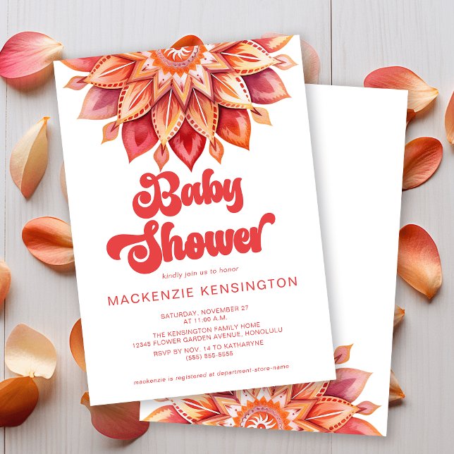 Convite Chá de fraldas Hippie Moderno de Boho Retro Rosa (Modern Hippie Retro Boho Baby Shower Invitation)