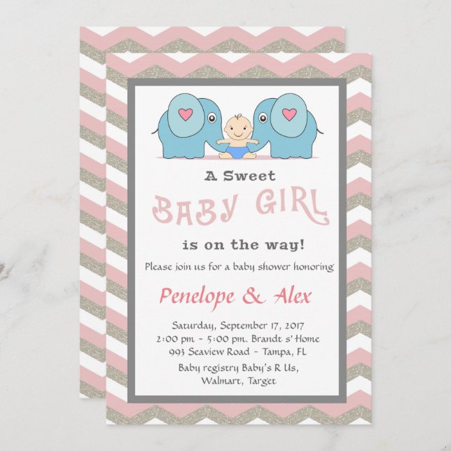 Convite Chá de fraldas honrando Rapariga, rosa, branca, co (Frente/Verso)