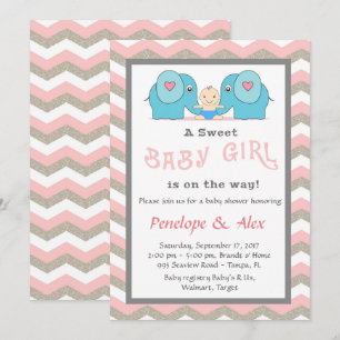 Convite Chá de fraldas honrando Rapariga, rosa, branca, co