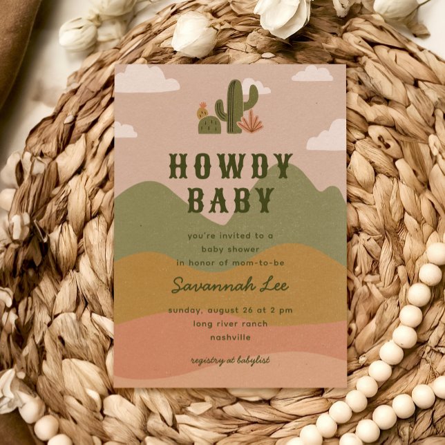 Convite Chá de fraldas Howdy do Deserto Ocidental (Desert-themed baby shower invitation with cute cacti illustrations)