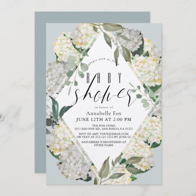 Convite Chá de fraldas Hydrangea Blue Rhonbus (Frente/Verso)