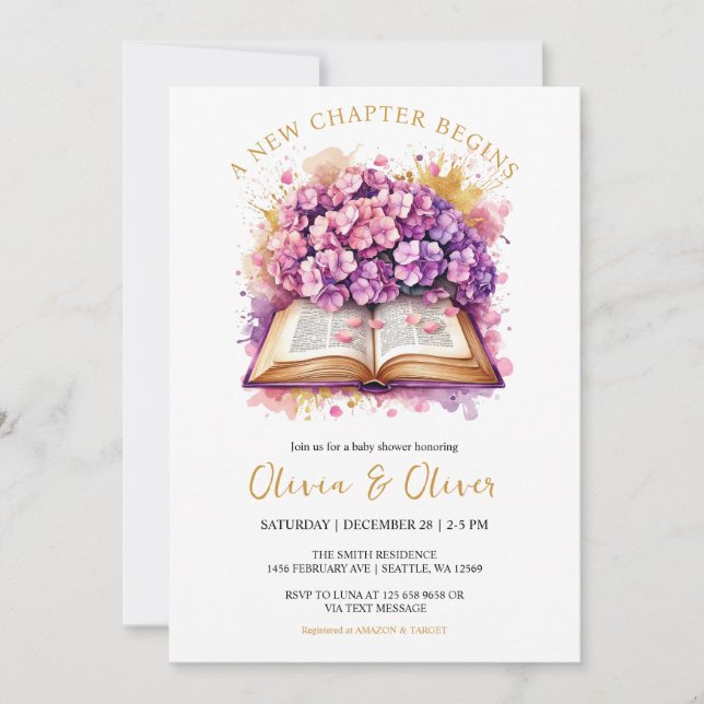 Convite Chá de fraldas Hydrangea "Começa Um Novo Capítulo" (Frente)