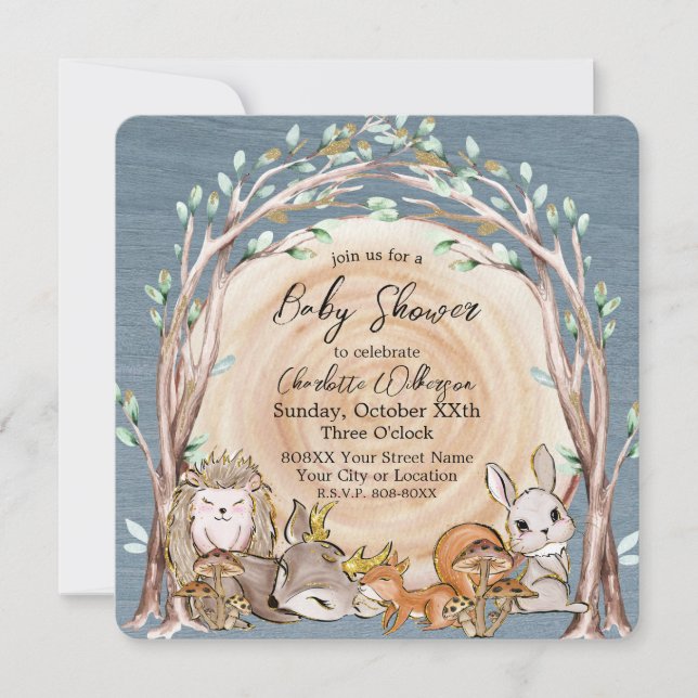 Convite Chá de fraldas Ilustrado de Animais Florestais (Frente)