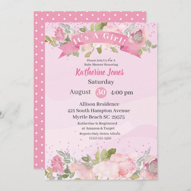 Convite Chá de fraldas Inverso Elegante Cor de Água Rosa (Frente/Verso)