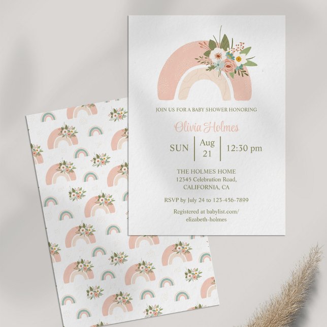 Convite Chá de fraldas Inverso Floral Rosa (Pink Floral Rainbow Baby Shower Invitation on white table next to dry pampas grass.)