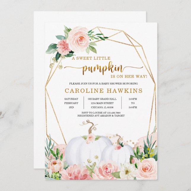 Convite Chá de fraldas Invi de Pumpkin Floral, rosa e Dour (Frente/Verso)