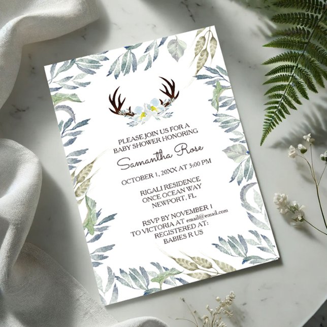 Convite Chá de fraldas Invitation Boy, Russo (Baby shower invitations features deer antlers, flowers and a boarder or greenery by VG Invites)