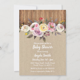 Convite Chá de fraldas Invite Burlap Wood Floral Russe Par
