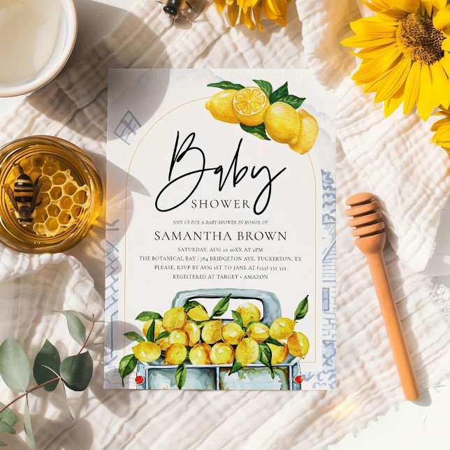 Convite Chá de fraldas italiano de limão azul e amarelo (Criador carregado)