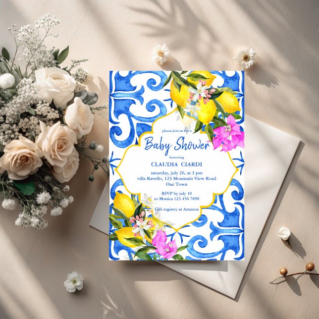 Convite Chá de fraldas italiano de limão azulejo azul (Blue tiles lemon bougainvillea  Italian baby shower Invitation cards template gender neutral )