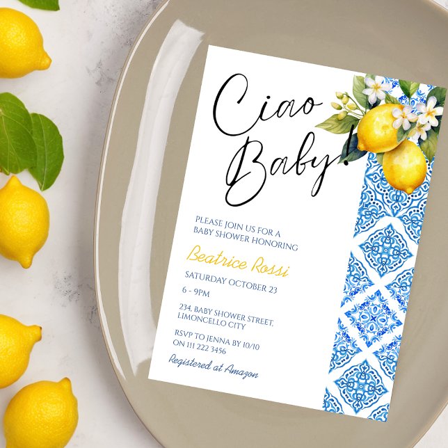 Convite Chá de fraldas Italiano Lemon Positano Azulejos Am (Lemon Positano Italian Baby Shower Amalfi Tiles Invitation)