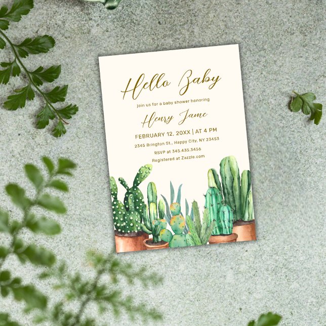 Convite Chá de fraldas Jardim do Deserto do Boho Neutro (Neutral Boho Desert Cactus Garden Baby Shower Invitation)