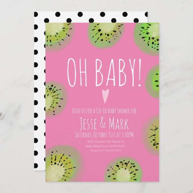 Convite Chá de fraldas Kiwi - Ponto de Polk de Aquarela Ro (Frente/Verso)