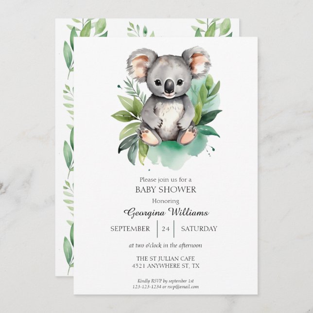 Convite Chá de fraldas Koala Cachorro Aquarela (Frente/Verso)
