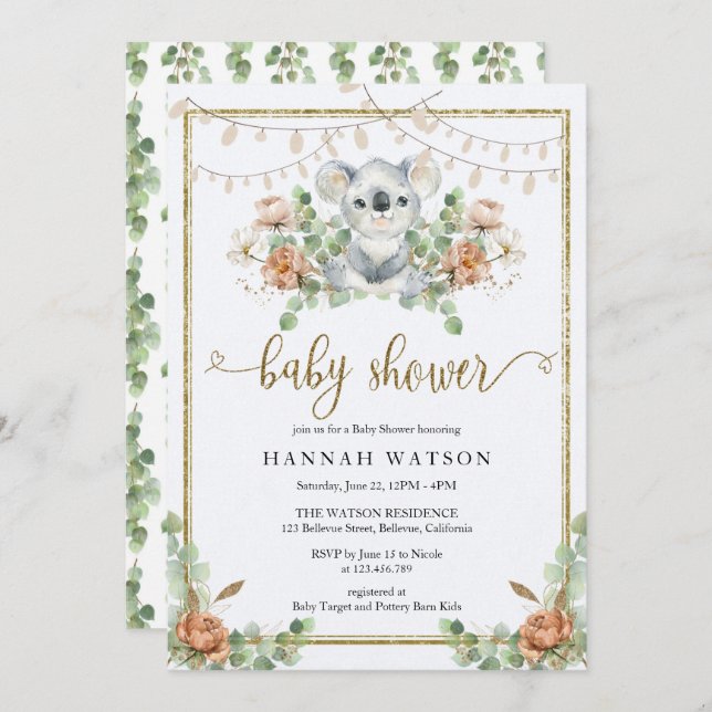 Convite Chá de fraldas Koala Eucalyptus Woodland Boho (Frente/Verso)