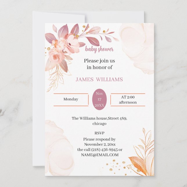 Convite Chá de fraldas Laranja Elegante Personalizado (Frente)