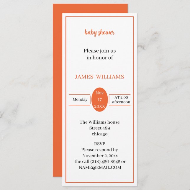 Convite Chá de fraldas Laranja Simples Personalizado (Frente/Verso)