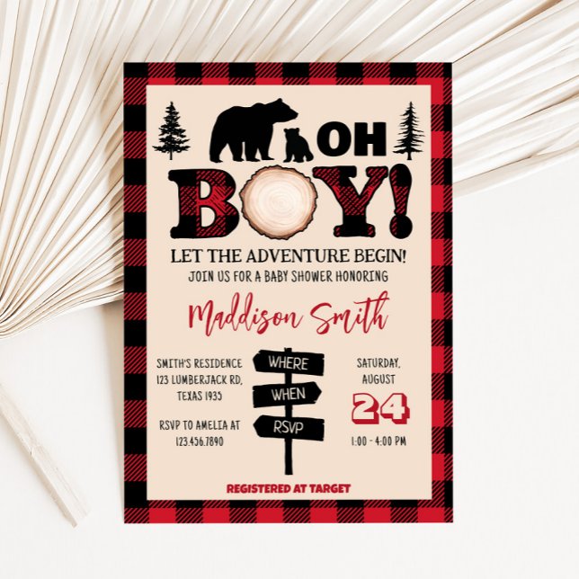 Convite Chá de fraldas Lumberjack do Cub do Urso xadrez (Bear Cub Plaid Lumberjack Baby Shower Invitation)
