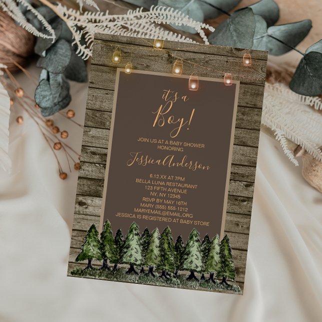 Convite Chá de fraldas Luminoso Rústico Pine Mason Jar Str (Criador carregado)