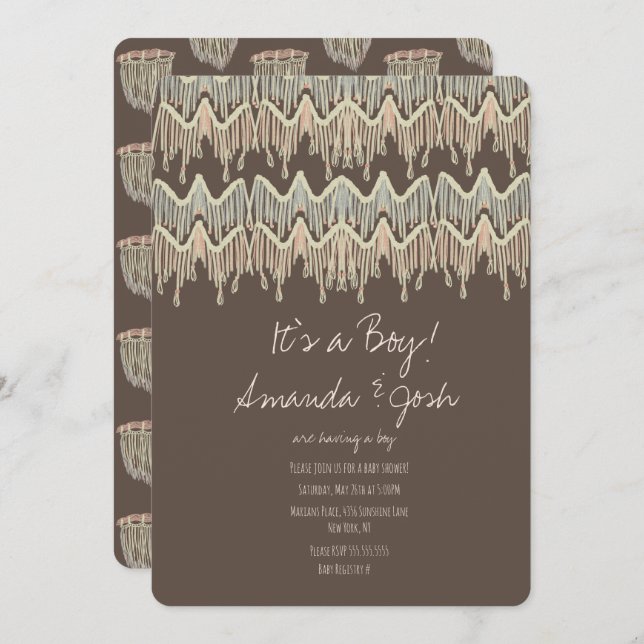 Convite Chá de fraldas Macrame Hanging Rustic Boho Rope Ar (Frente/Verso)