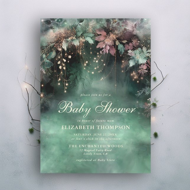 Convite Chá de fraldas Mágico de Arco Verde Florestal Enca (enchanted forest fairy faerie magical baby shower invitation emerald green pink mauve elegant)