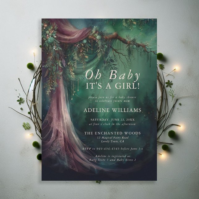 Convite Chá de fraldas Mágico de Fairytale Florestal Encan (enchanted forest baby shower emerald green mauve purple veil woodland fairy tale faerie magic invite)