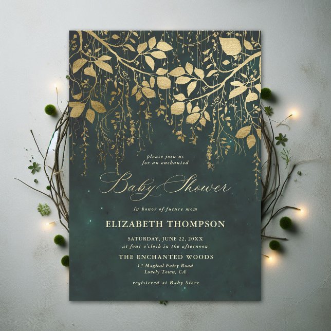 Convite Chá de fraldas Mágico Floresta Dourada Encantada (Enchanted Forest Emerald Green Draped Greenery Modern Calligraphy Neutral Baby Shower Invitation)