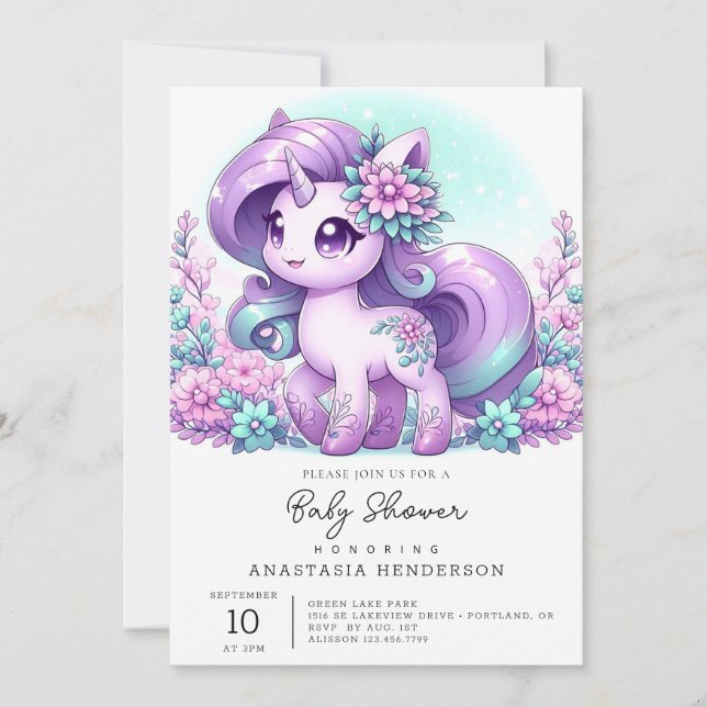 Convite Chá de fraldas Majestoso Whimsical Unicorn (Frente)