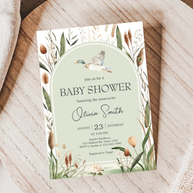 Convite Chá de fraldas Mallard Duck (Sage Green Mallard Duck Hunting Country Baby Shower Invitation)