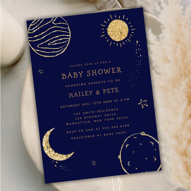Convite Chá de fraldas marinho azul Dourado Galáxia da Lua (Navy Blue Gold Galaxy Moon Star Boy Baby Shower Invitation)