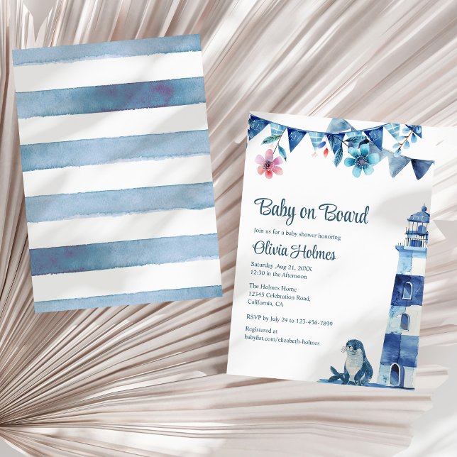 Convite Chá de fraldas Marinho "Bebê no Conselho" (Cute Navy "Baby on Board" Baby Shower Invitation on a sunny neutral dry palm leaf.)