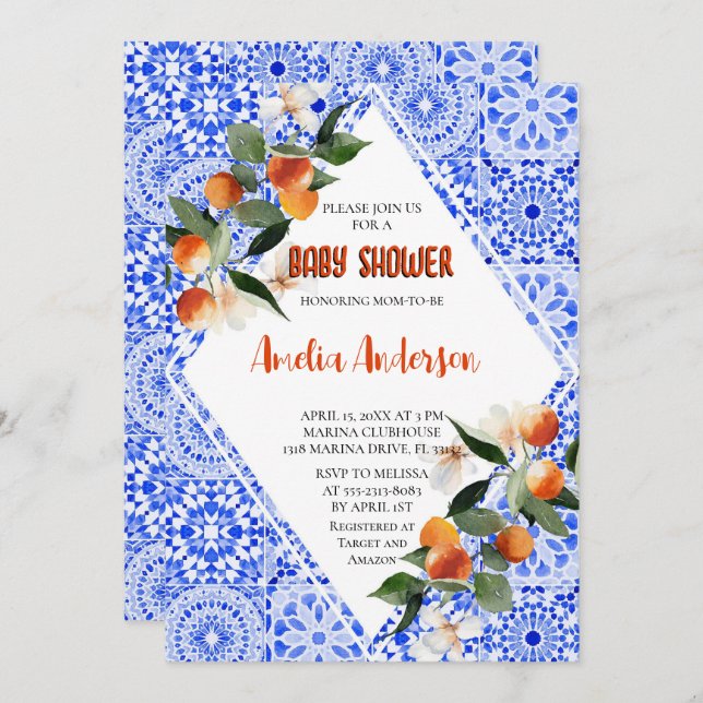 Convite Chá de fraldas mediterrânico de Citrus Orange Wate (Frente/Verso)