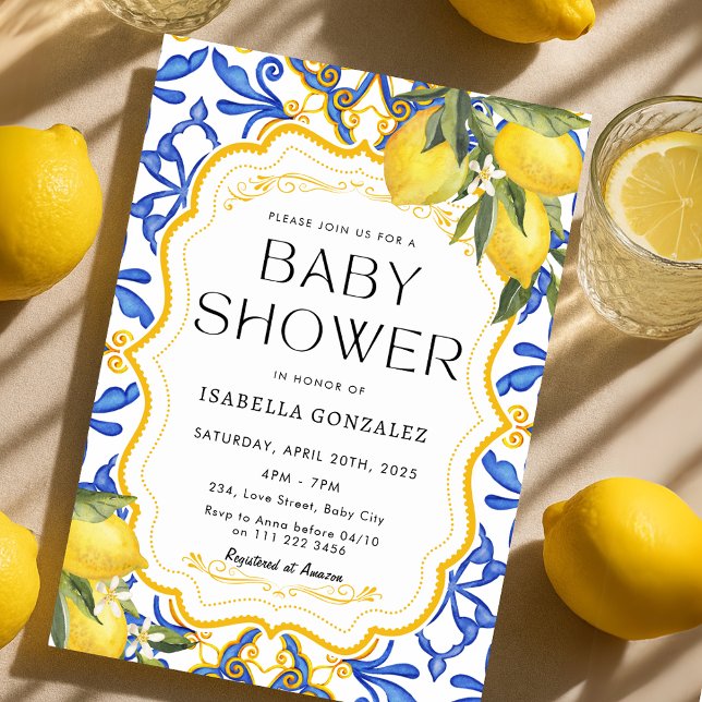 Convite Chá de fraldas mediterrânico de Lemon (Summer Lemon Mediterranean Baby Shower Invitation)
