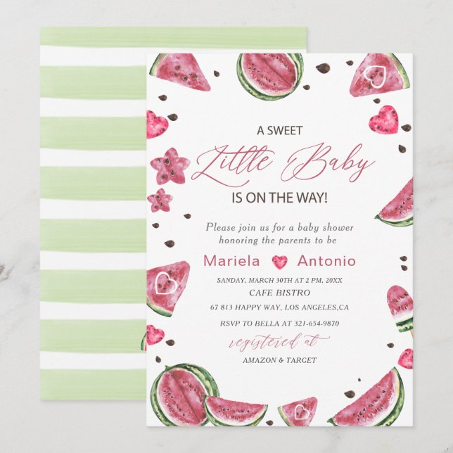 Convite Chá de fraldas Melão de Aquarela Elegante (Frente/Verso)
