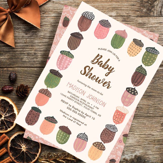 Convite Chá de fraldas-menina de Bolota Rosa-de-outono (Cute Fall Pink Acorns girl Baby Shower Invitation)
