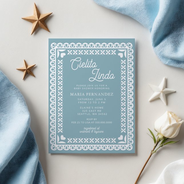 Convite Chá de fraldas mexicano Picado Cielito Lindo (Blue Mexican Papel Picado Cielito Lindo Baby Shower Invitation)