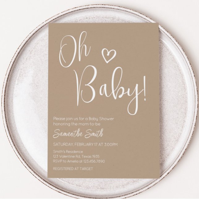 Convite Chá de fraldas Minimalista de Baby Brown (Brown Minimalist Heart Baby Shower Invitation)