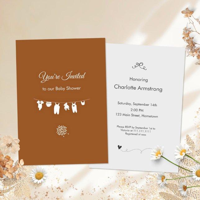 Convite Chá de fraldas Minimalista Laranja Queimado Boho (Burnt Orange Boho Minimalist Baby Shower Invitation ©Susanne Sachers - Sunny Mind 🌞)